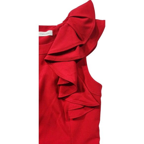 Calvin Klein Womens Red Ruffle-Shoulder Sheath Dress Size Small (See Measurement - Picture 2 of 6